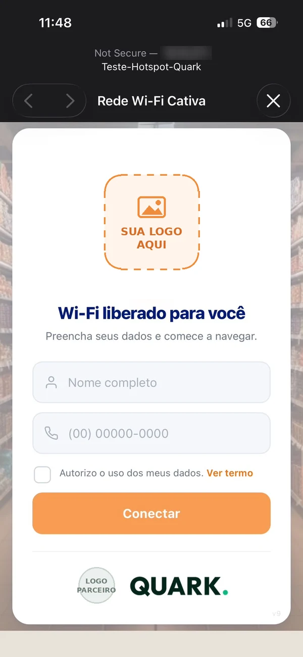 Tela de login do hotspot Wi-Fi para clientes